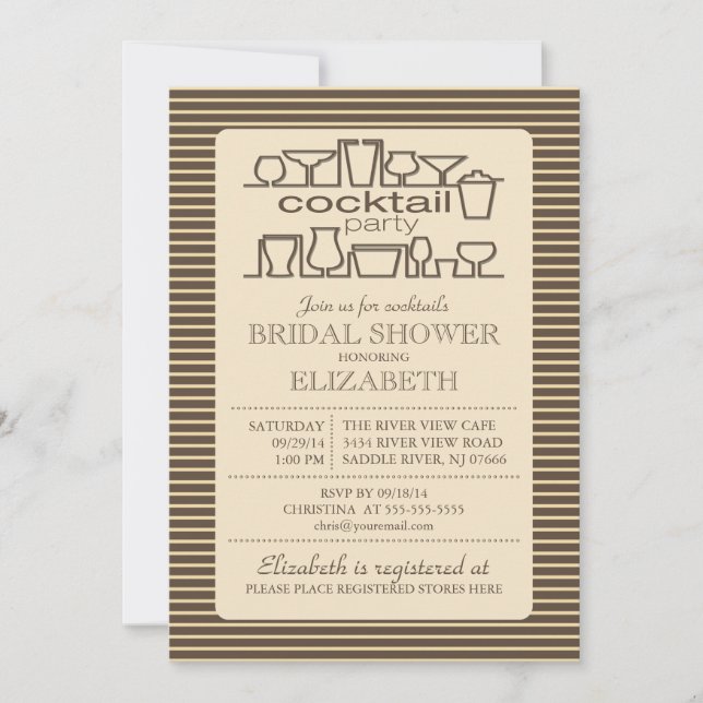 Invitación Ducha nupcial de Brown del cóctel retro del moreno (Anverso)