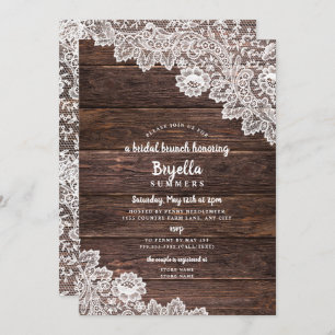 Invitación Ducha nupcial de brunch de encaje y madera rústica