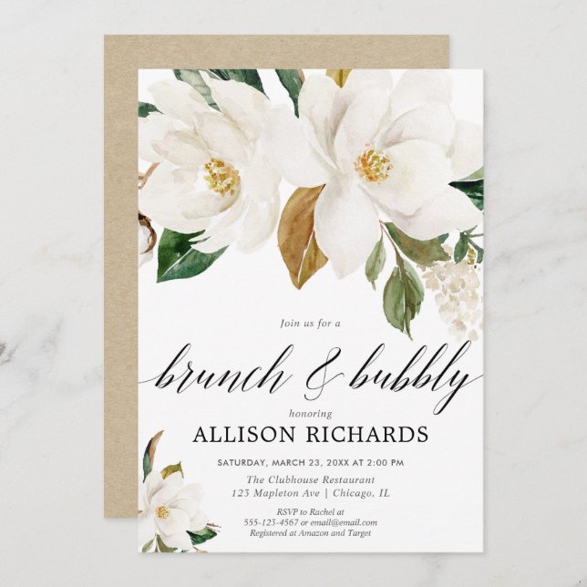Invitación Ducha nupcial de brunch florido blanco (Anverso / Reverso)