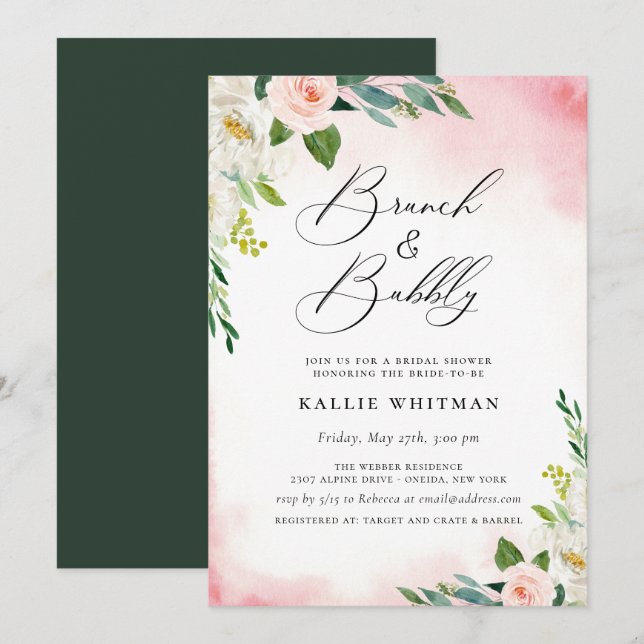 Invitación Ducha nupcial de brunch y bubbly floral (Anverso / Reverso)