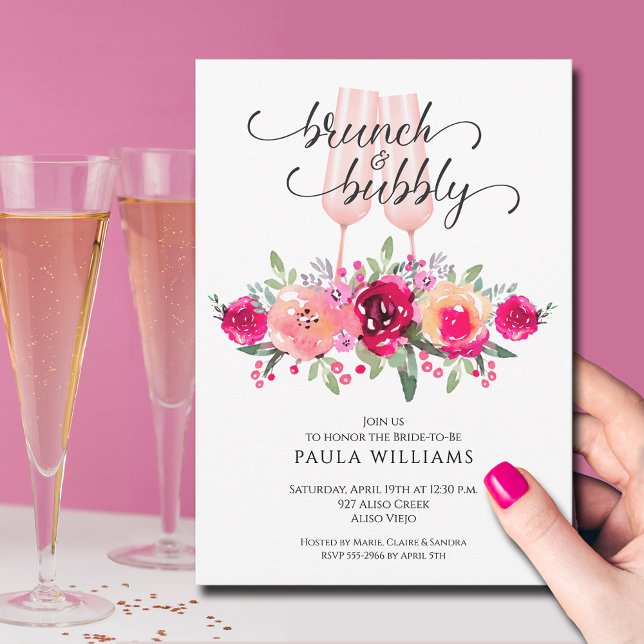 Invitación Ducha nupcial de brunch y bubbly floral (Brunch and Bubbly champagne flutes and floral bridal shower invitations,  INSTANT DOWNLOAD / PRINTED)