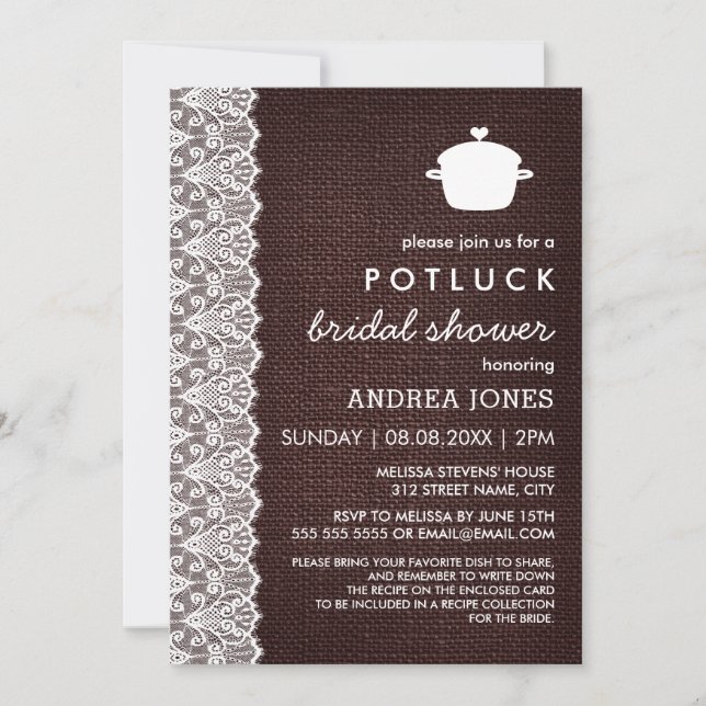 Invitación Ducha nupcial de Burlap y Lace Potluck (Anverso)