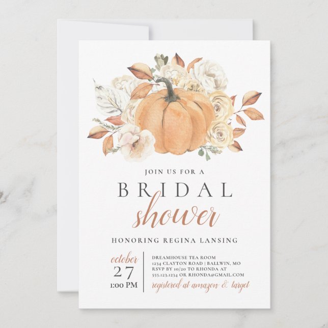 Invitación Ducha nupcial de calabaza de cosecha otoño (Anverso)