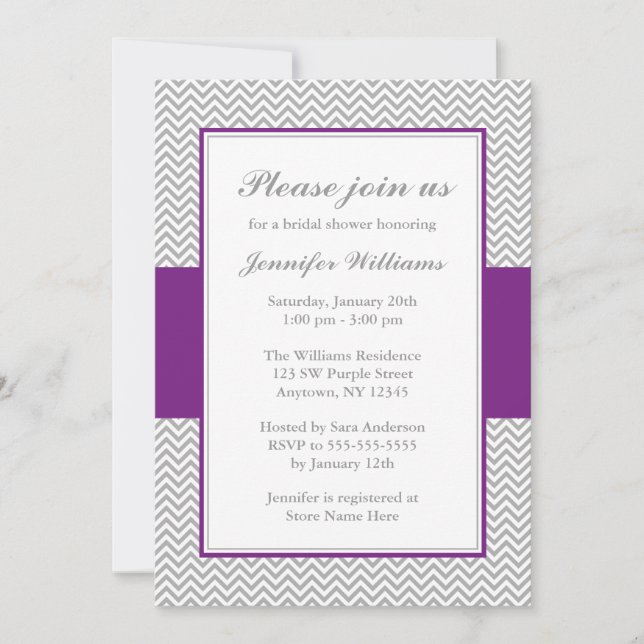 Invitación Ducha nupcial de Chevron Púrpura y Gris (Anverso)