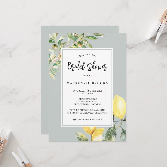 Invitación Ducha nupcial de Citrus elegante de limón mediterr (Anverso/Reverso In Situ)