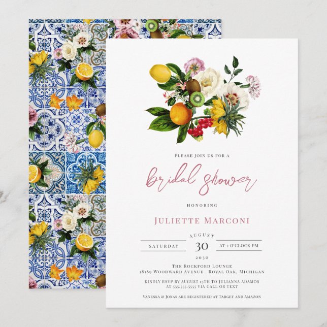 Invitación Ducha nupcial de Citrus floral de mosaico mediterr (Anverso / Reverso)