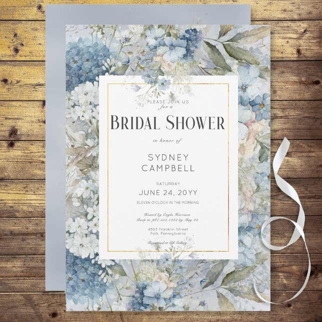 Invitación Ducha nupcial de color azul floral rústico (Rustic Blue Floral Watercolor Bridal Shower Invitation)