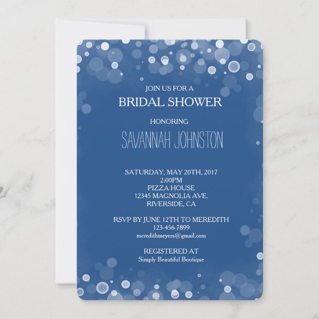 Invitación Ducha nupcial de Confetti Azul y Blanco Bokeh (Anverso)