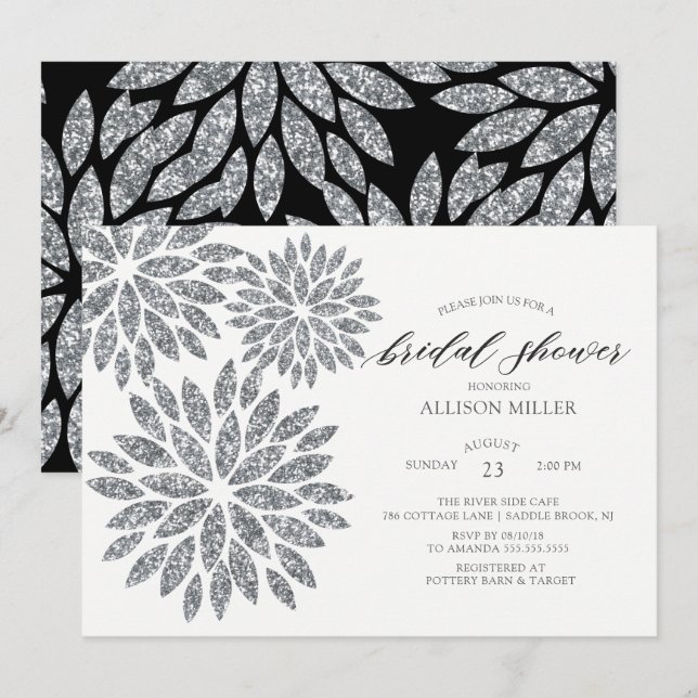 Invitación Ducha nupcial de Dahlias, plateado y brillante (Anverso / Reverso)