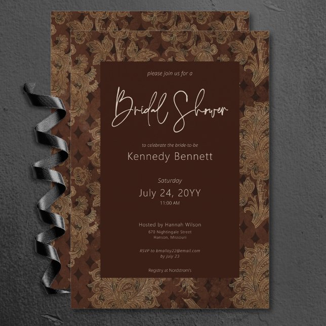 Invitación Ducha nupcial de Dark Damask en Borgoña (Dark Victorian Burgundy Damask Bridal Shower Invitation)