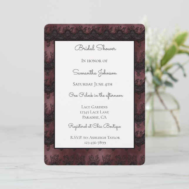 Invitación Ducha Nupcial de Encaje Falso Negro Borgoña   (Anverso de pie)