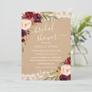 Invitación Ducha Nupcial de Encaje Floral Burgundy Rústico