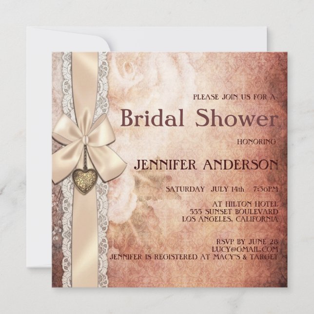 Invitación Ducha nupcial de encaje floral de Damasco romántic (Anverso)