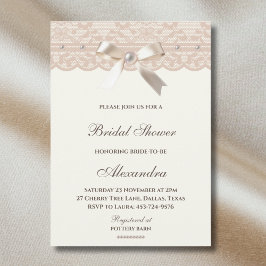 Invitación Ducha Nupcial de Encaje Perla con Lazo de Marfil A