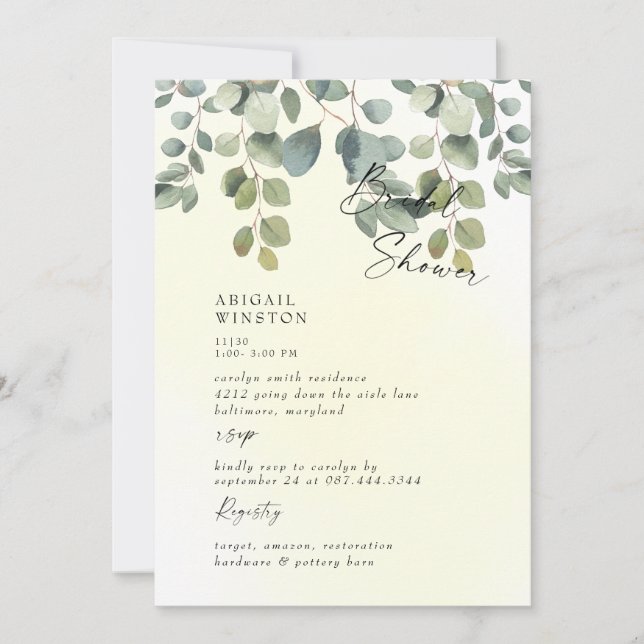 Invitación Ducha Nupcial de Eucalipto con Oleada de Amarillo  (Anverso)