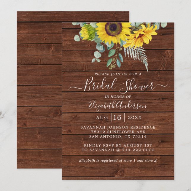 Invitación Ducha nupcial de Eucalipto de girasol de madera rú (Anverso / Reverso)