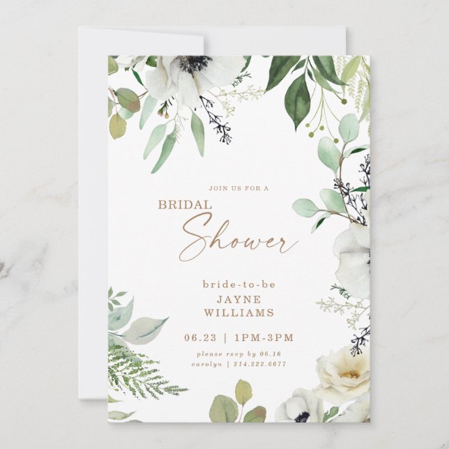 Invitación Ducha nupcial de Eucaliptus Botánico Floral Blanco (Anverso)