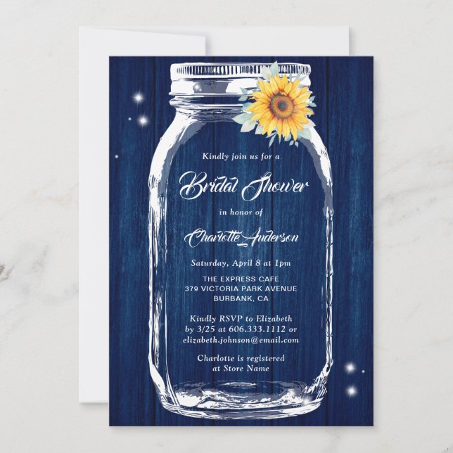 Invitación Ducha nupcial de flor de sol de mason jar azul de  (Anverso)