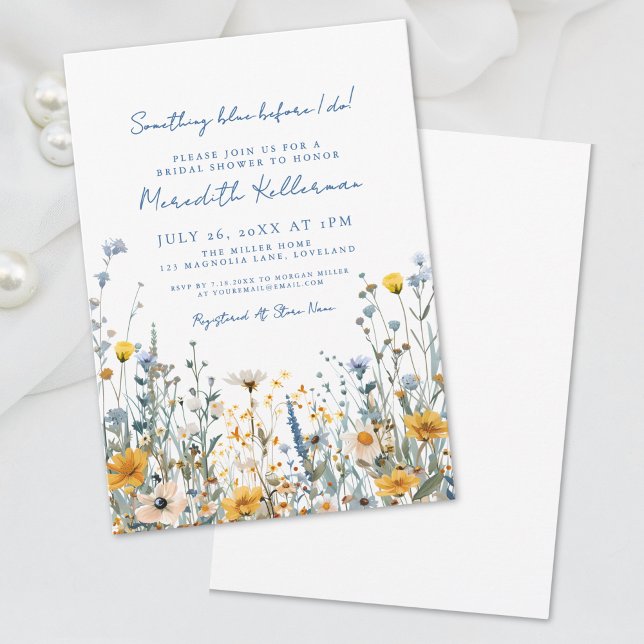 Invitación Ducha nupcial de flor salvaje azul (Blue Botanical Wildflower Bridal Shower Invitation)