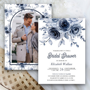 Invitación Ducha Nupcial de Floral Azul Polvoriento Rústico