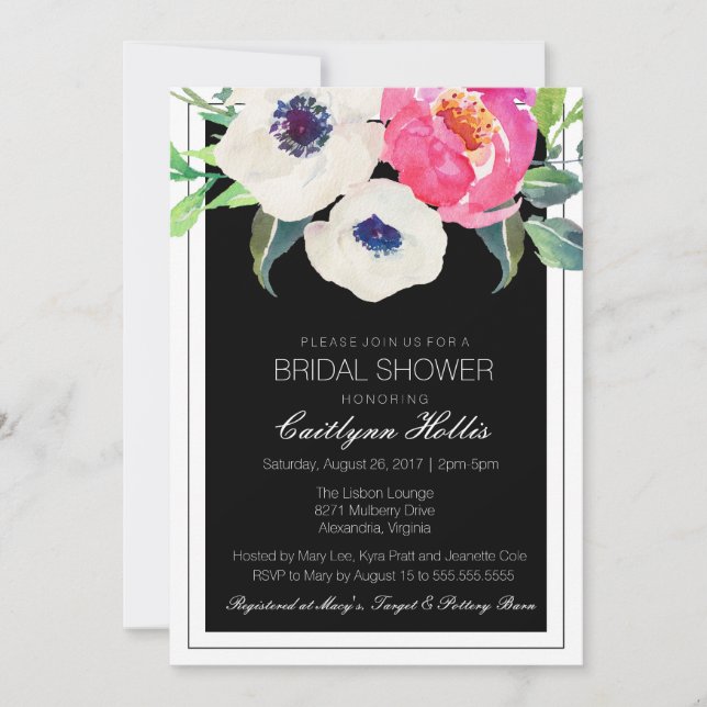 Invitación Ducha nupcial de flores blancas negras (Anverso)