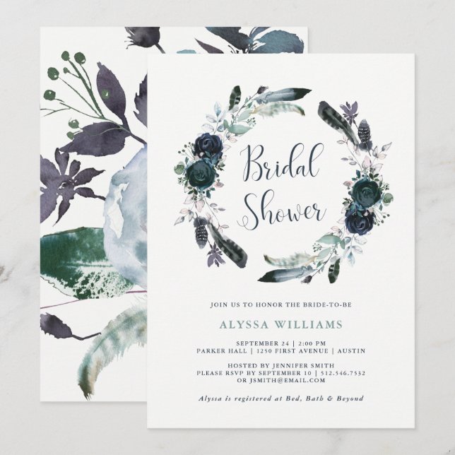 Invitación Ducha nupcial de flores de guirnaldas de la marina (Anverso / Reverso)