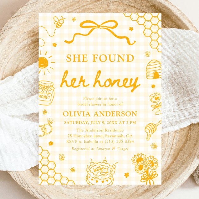 Invitación Ducha Nupcial de Gingham Amarillo Encontró Su Miel (Yellow Gingham She Found Her Honey Bridal Shower Invitation)
