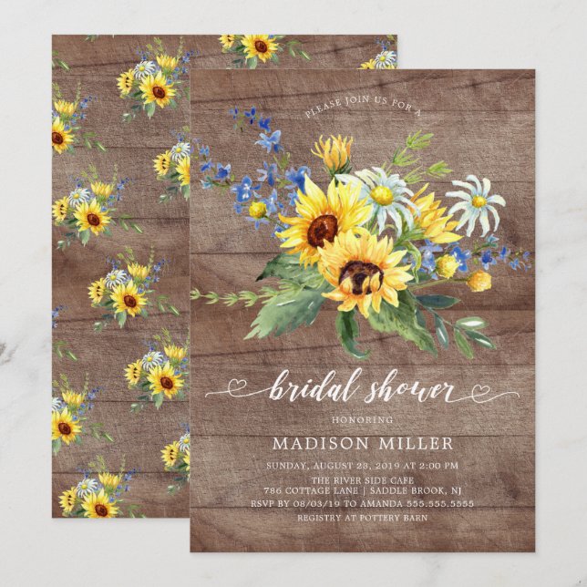 Invitación Ducha nupcial de girasol amarillo ruidoso (Anverso / Reverso)