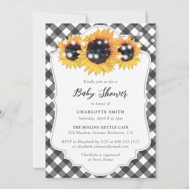 Invitación Ducha nupcial de girasol de Gingham blanco y negro (Anverso)