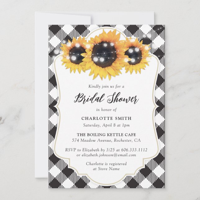 Invitación Ducha nupcial de girasol negro y blanco (Anverso)