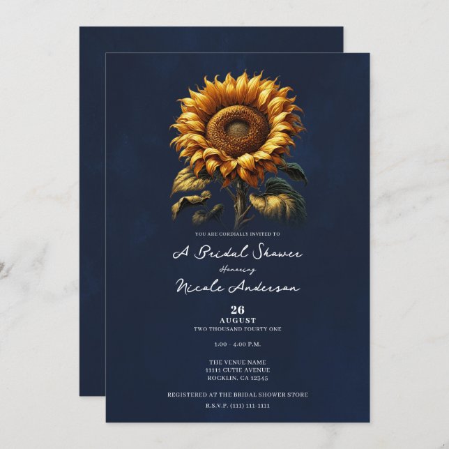 Invitación Ducha nupcial de girasol ruso azul (Anverso / Reverso)