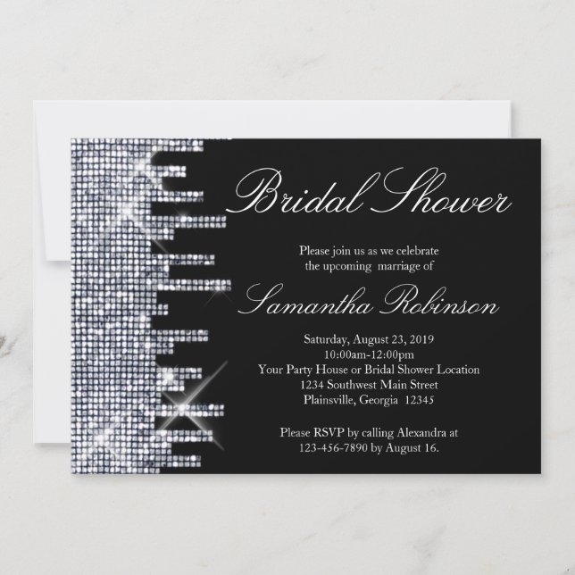 Invitación Ducha nupcial de glamur negro/plateado Purpurinoso (Anverso)