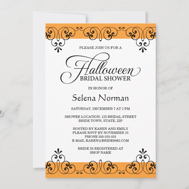 Invitación Ducha nupcial de Halloween del damasco anaranjado (Anverso)