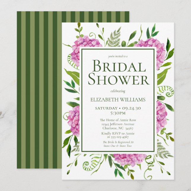 Invitación Ducha Nupcial de Hortensias Rosas (Anverso / Reverso)