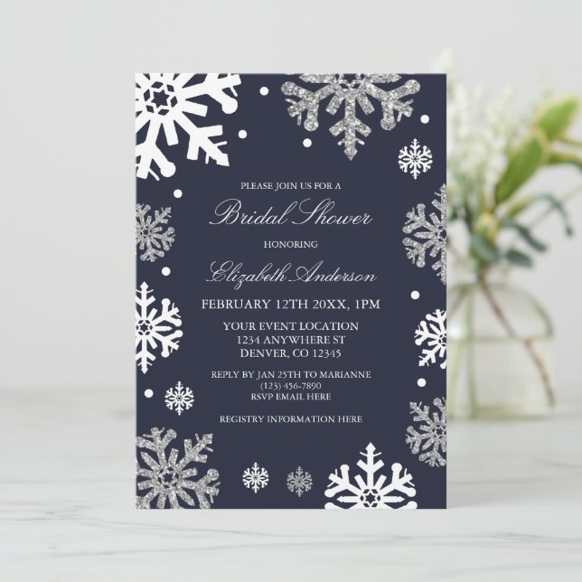 Invitación Ducha nupcial de invierno con copas de nieve azul  (Anverso de pie)