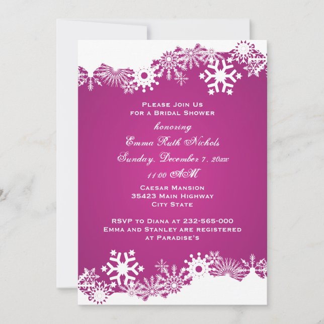 Invitación Ducha nupcial de invierno de Snowflake fuchsia (Anverso)