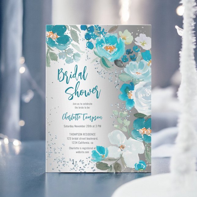 Invitación Ducha nupcial de invierno floral de plata azul pin (Painted Blue Silver Floral Winter bridal shower Invitation)