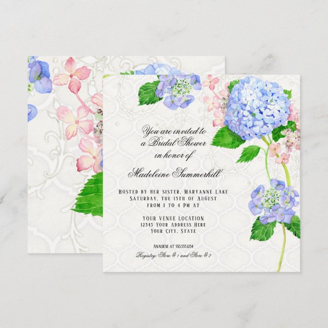 Invitación Ducha nupcial de la acuarela azul del Hydrangea (Anverso / Reverso)