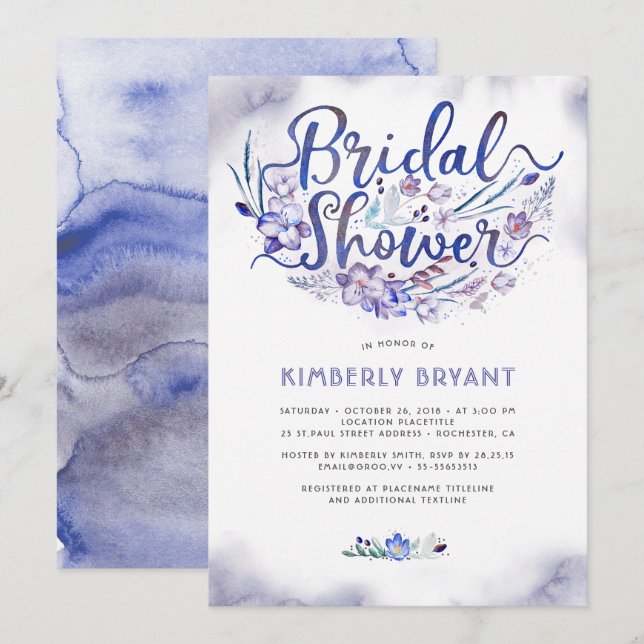 Invitación Ducha nupcial de la acuarela floral azul de la (Anverso / Reverso)
