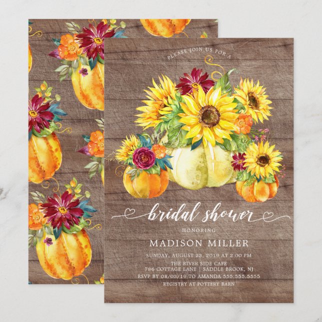 Invitación Ducha nupcial de la calabaza de girasol en otoño (Anverso / Reverso)