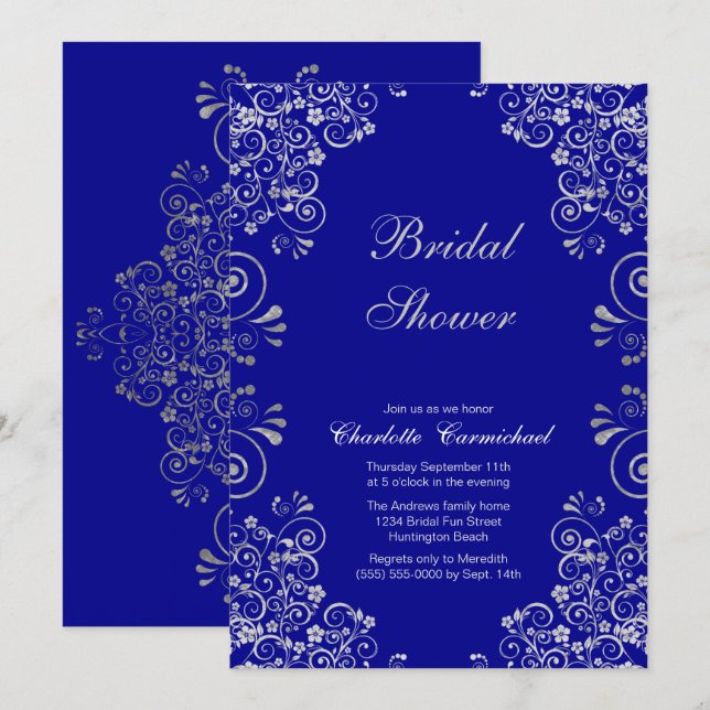 Invitación Ducha nupcial de la escritura de plata azul (Anverso / Reverso)