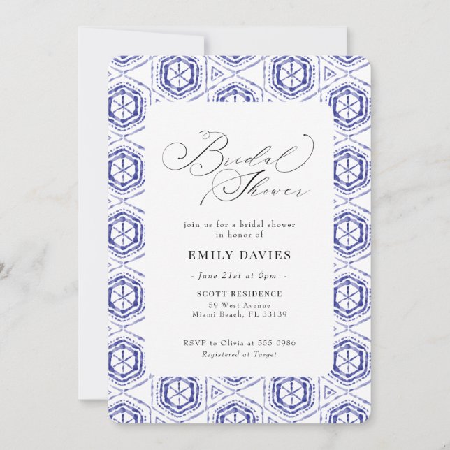 Invitación Ducha nupcial de la Marina Azul Shibori Batik Tile (Anverso)