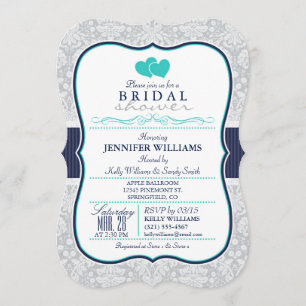 Invitación Ducha nupcial de la Marina, Turquesa, Damasco Gris