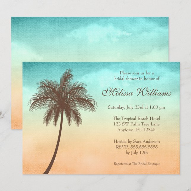 Invitación Ducha nupcial de la palmera tropical de la playa (Anverso / Reverso)