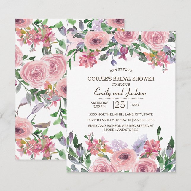 Invitación Ducha nupcial de la pareja floral de lavanda rosa (Anverso / Reverso)