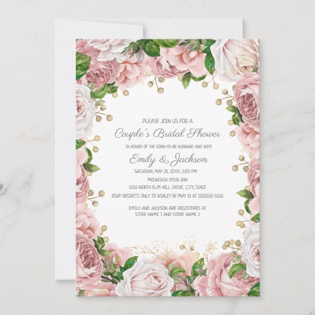 Invitación Ducha nupcial de la pareja floral de oro rosa de R (Anverso)
