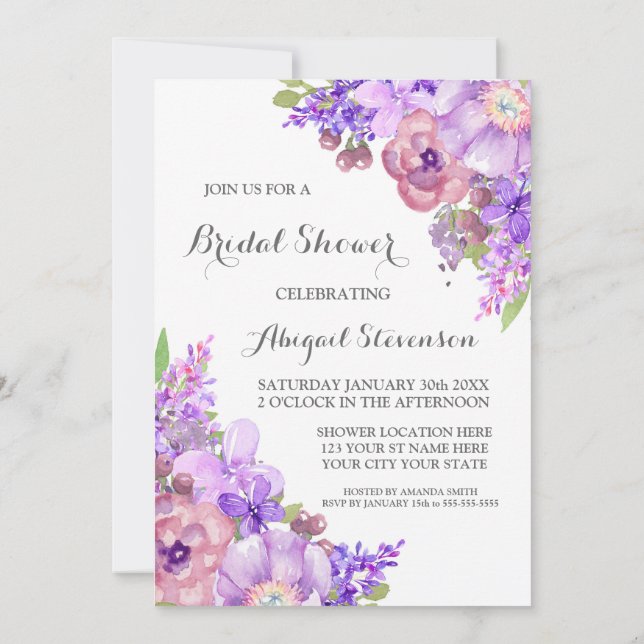 Invitación Ducha nupcial de las flores púrpuras rústicas de (Reverso)