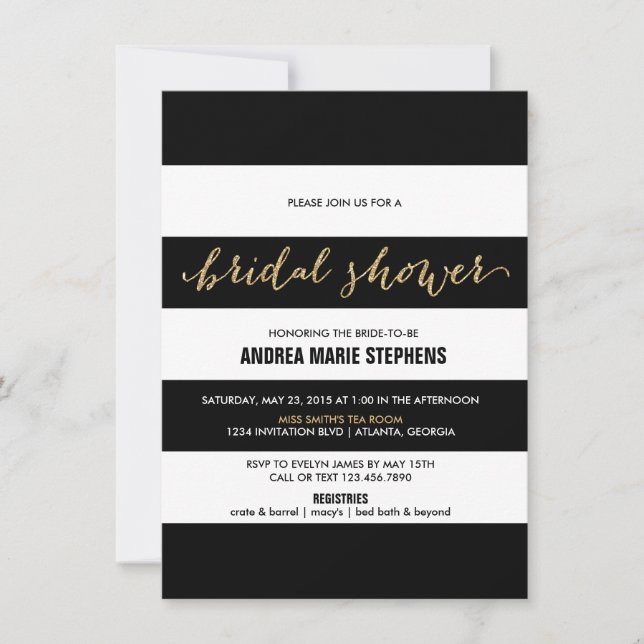 Invitación Ducha nupcial de las rayas del purpurina blanco y (Anverso)