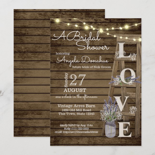 Invitación Ducha nupcial de lavanda de madera vintada (Anverso / Reverso)