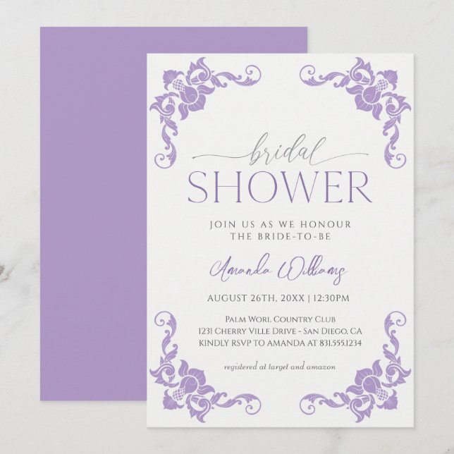 Invitación Ducha nupcial de Lilac Lavender (Anverso / Reverso)
